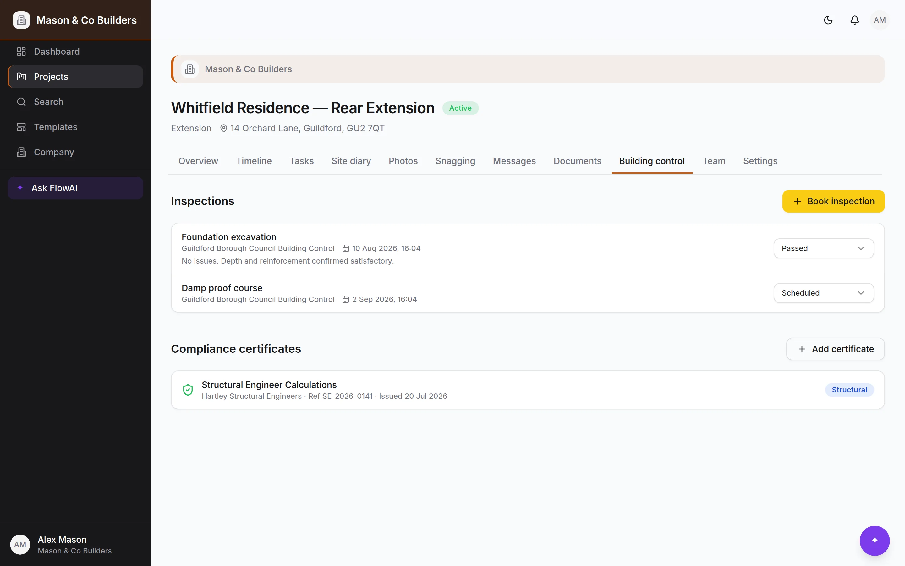 Building-control inspections and compliance certificates for a BuildFlow project
