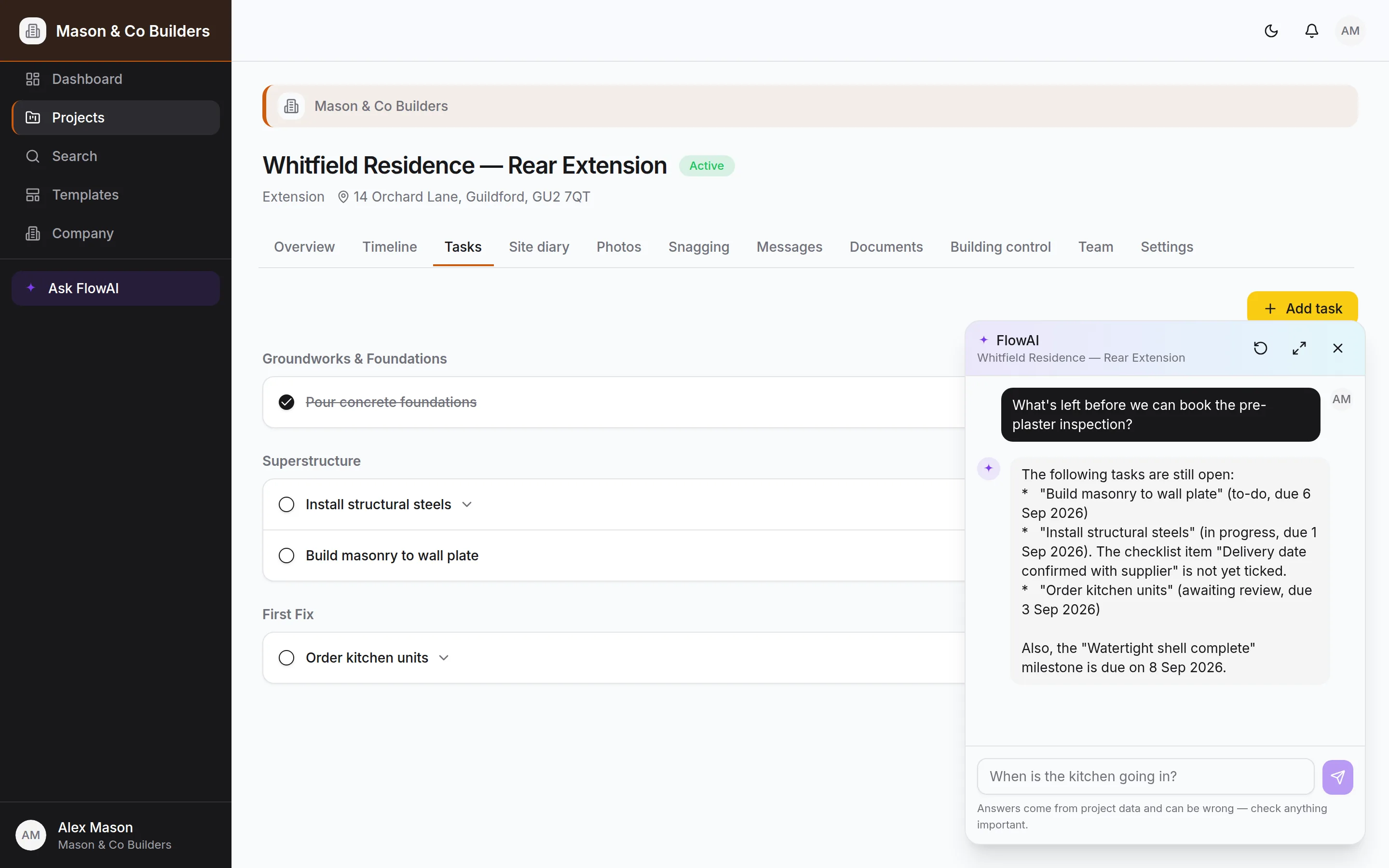 FlowAI open over a project timeline, answering a question about the job
