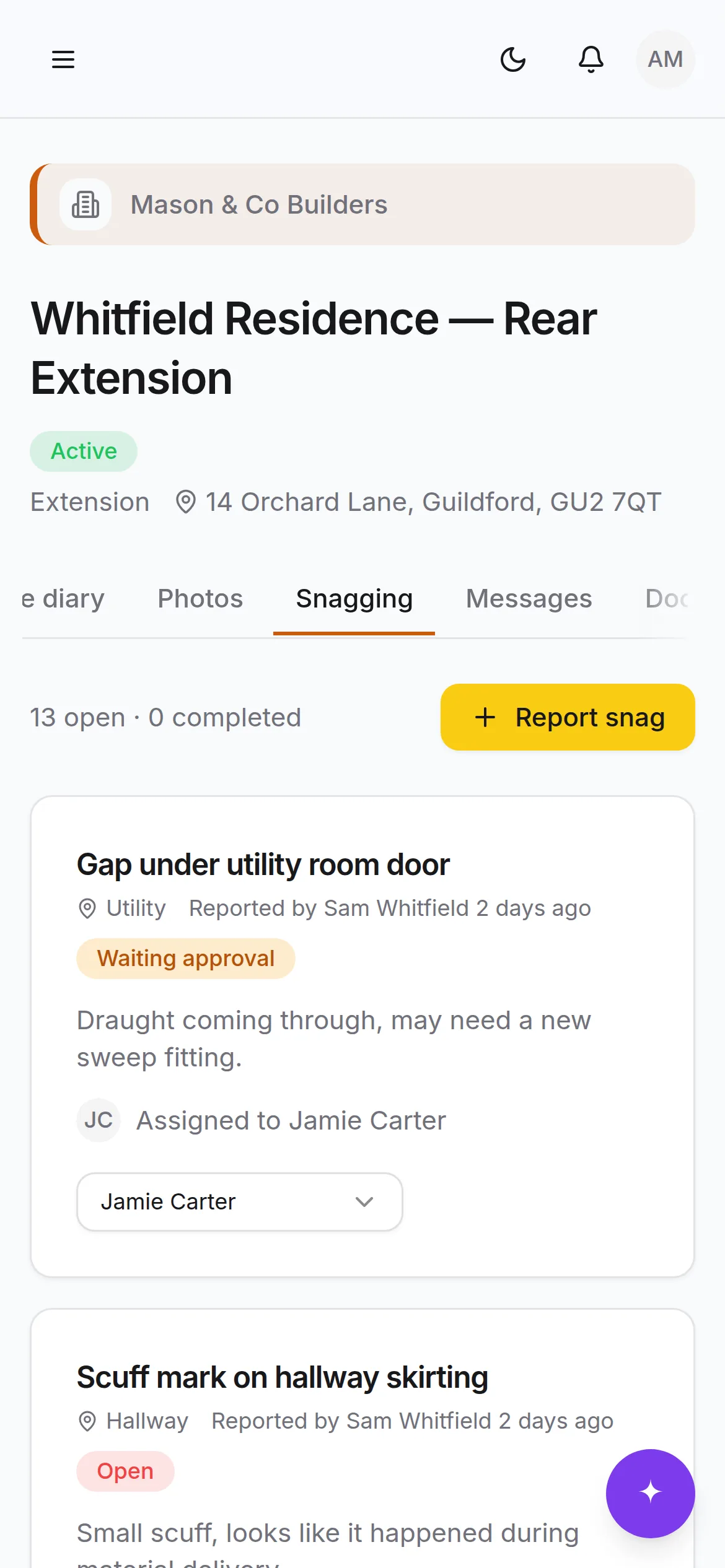 Raising and tracking snags on a phone, on site