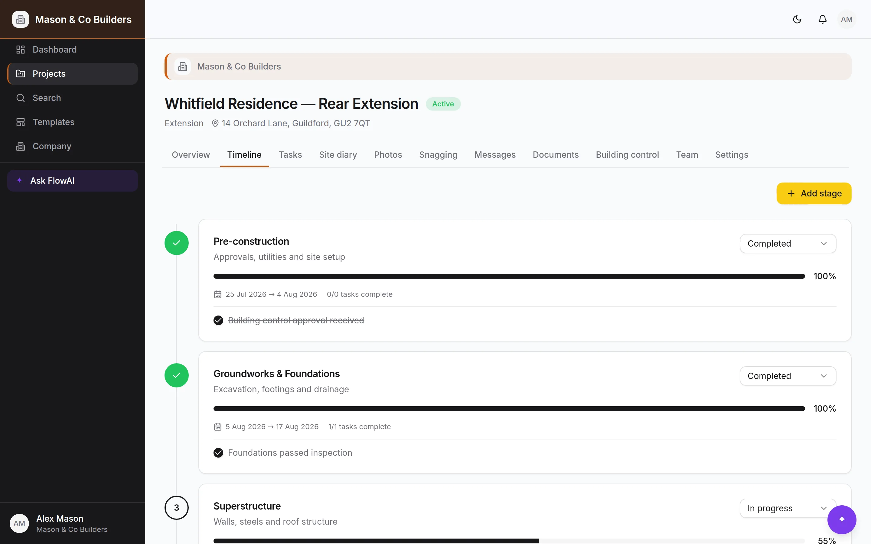 A BuildFlow project timeline with stages, dates and completion percentages